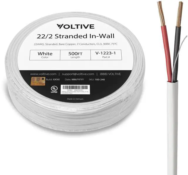 Main image of Voltive 22/2 Stranded Alarm Wire, in-Wall CL3, White, 500ft - 22AWG, 2 Conductors, Stranded Bare Copper, UL Listed - V-1223-1