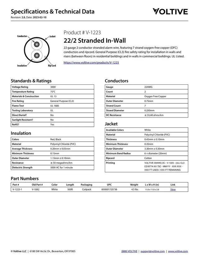 Alt view image 4 of 4 - Voltive 22/2 Stranded Alarm Wire, in-Wall CL3, White, 500ft - 22AWG, 2 Conductors, Stranded Bare Copper, UL Listed - V-1223-1