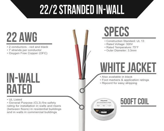 Alt view image 2 of 4 - Voltive 22/2 Stranded Alarm Wire, in-Wall CL3, White, 500ft - 22AWG, 2 Conductors, Stranded Bare Copper, UL Listed - V-1223-1