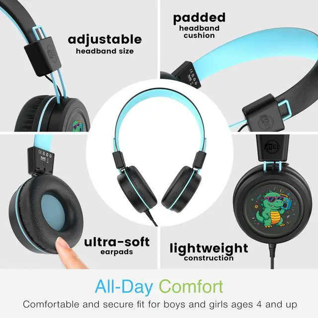 Alt view image 3 of 5 - MEE audio KidJamz KJ55 Wired Childrens Headphones with 3.5mm Plug, Colorful Graphics, Volume Limiter & Microphone, Adjustable On-Ear Kids Headset for Online Learning/School/Travel/Tablet (Black)