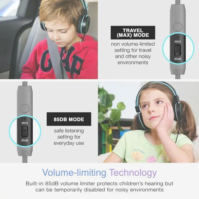 Alt view image 2 of 5 - MEE audio KidJamz KJ55 Wired Childrens Headphones with 3.5mm Plug, Colorful Graphics, Volume Limiter & Microphone, Adjustable On-Ear Kids Headset for Online Learning/School/Travel/Tablet (Black)