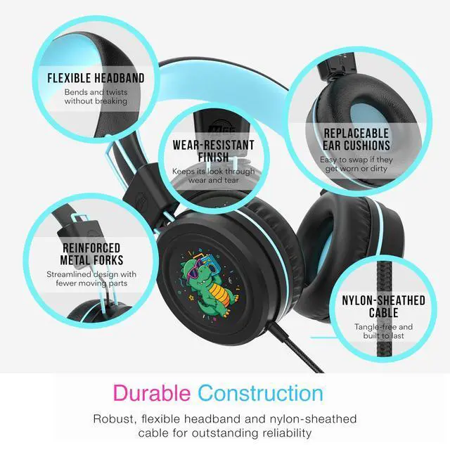 Alt view image 4 of 5 - MEE audio KidJamz KJ55 Wired Childrens Headphones with 3.5mm Plug, Colorful Graphics, Volume Limiter & Microphone, Adjustable On-Ear Kids Headset for Online Learning/School/Travel/Tablet (Black)