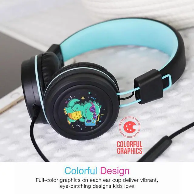 Alt view image 5 of 5 - MEE audio KidJamz KJ55 Wired Childrens Headphones with 3.5mm Plug, Colorful Graphics, Volume Limiter & Microphone, Adjustable On-Ear Kids Headset for Online Learning/School/Travel/Tablet (Black)