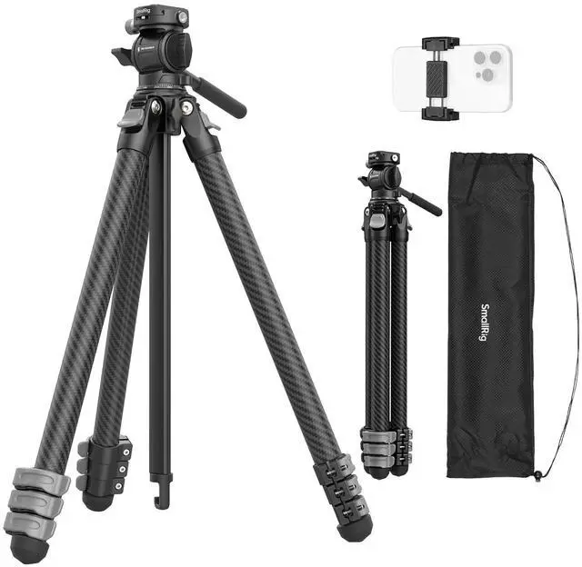 Main image of SmallRig Portable Travel Video Tripod, Carbon Fiber Compact Tripod for Outdoor Photography, 5kg Load, Fluid Head with 360 Pan and -70 to 90 Tilt, 180 Reversible Center Column