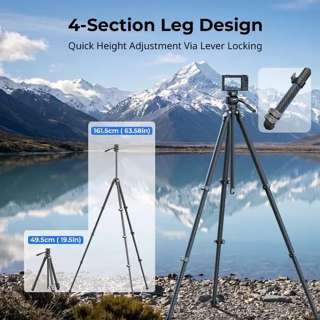 Alt view image 3 of 5 - SmallRig Portable Travel Video Tripod, Carbon Fiber Compact Tripod for Outdoor Photography, 5kg Load, Fluid Head with 360 Pan and -70 to 90 Tilt, 180 Reversible Center Column