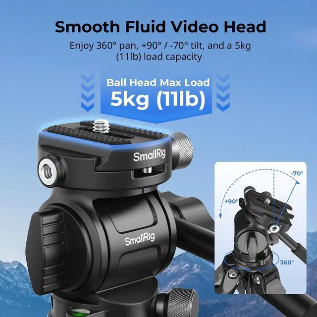 Alt view image 5 of 5 - SmallRig Portable Travel Video Tripod, Carbon Fiber Compact Tripod for Outdoor Photography, 5kg Load, Fluid Head with 360 Pan and -70 to 90 Tilt, 180 Reversible Center Column