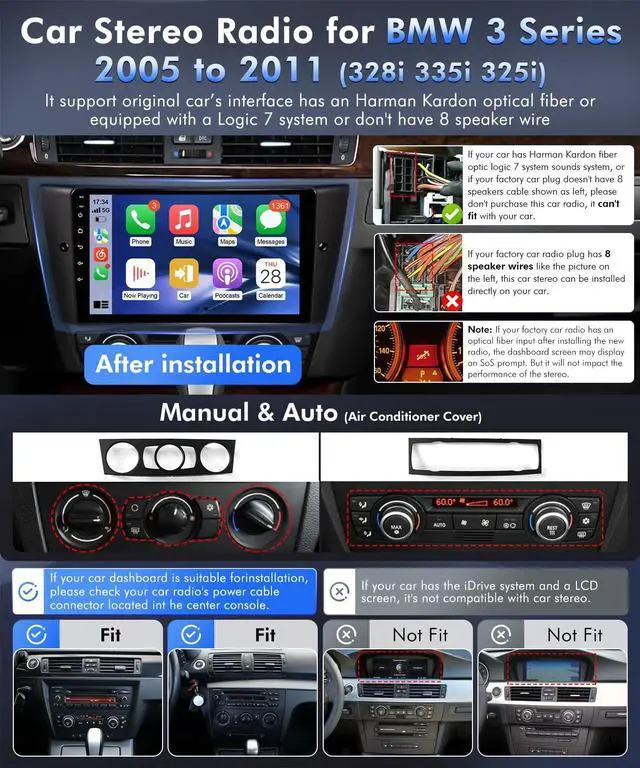 Alt view image 2 of 5 - VQU 8Core Car Stereo for BMW 328i 335i 325i E90 E91 E92 E93 2005-2011 Radio Apple Carplay Android Auto, 9 Inch Touch Screen for BMW E90 Head Unit Bluetooth GPS WiFi RDS DSP FM SWC Camera, Fiber Op