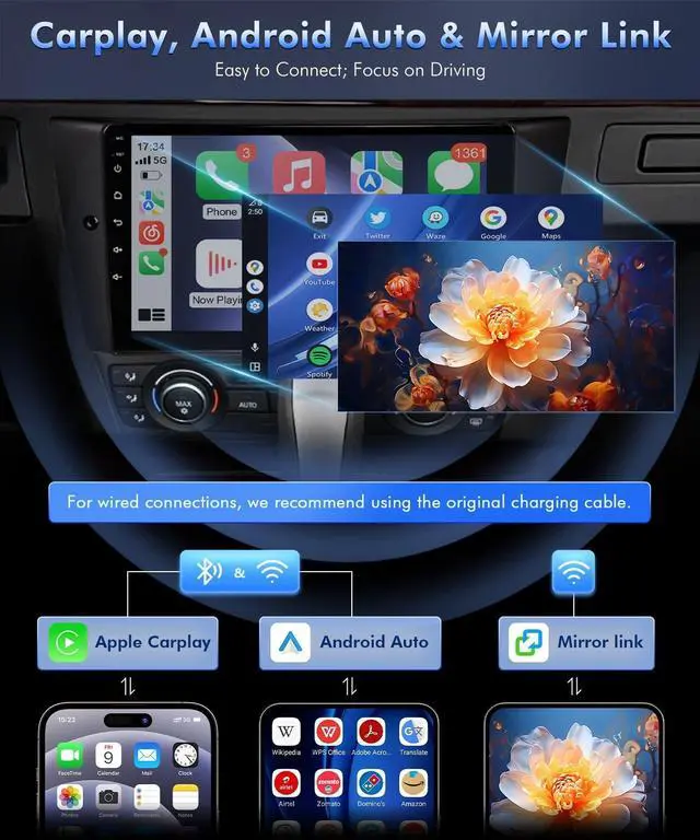 Alt view image 4 of 5 - VQU 8Core Car Stereo for BMW 328i 335i 325i E90 E91 E92 E93 2005-2011 Radio Apple Carplay Android Auto, 9 Inch Touch Screen for BMW E90 Head Unit Bluetooth GPS WiFi RDS DSP FM SWC Camera, Fiber Op