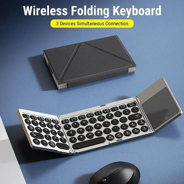 Alt view image 2 of 5 - Yunseity Foldable Keyboard, Portable Wireless Keyboard with High Sensitivity Touchpad and PU Leather Cover, for Tablet Laptop Smartphone Connect Up to 3 Devices