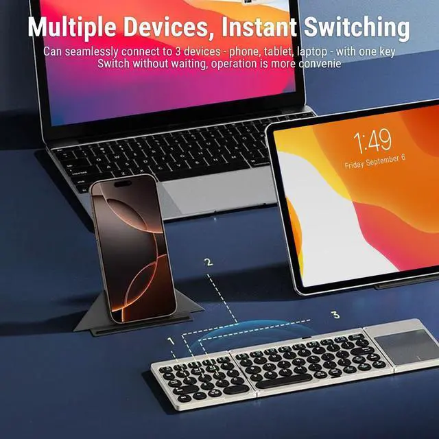 Alt view image 4 of 5 - Yunseity Foldable Keyboard, Portable Wireless Keyboard with High Sensitivity Touchpad and PU Leather Cover, for Tablet Laptop Smartphone Connect Up to 3 Devices