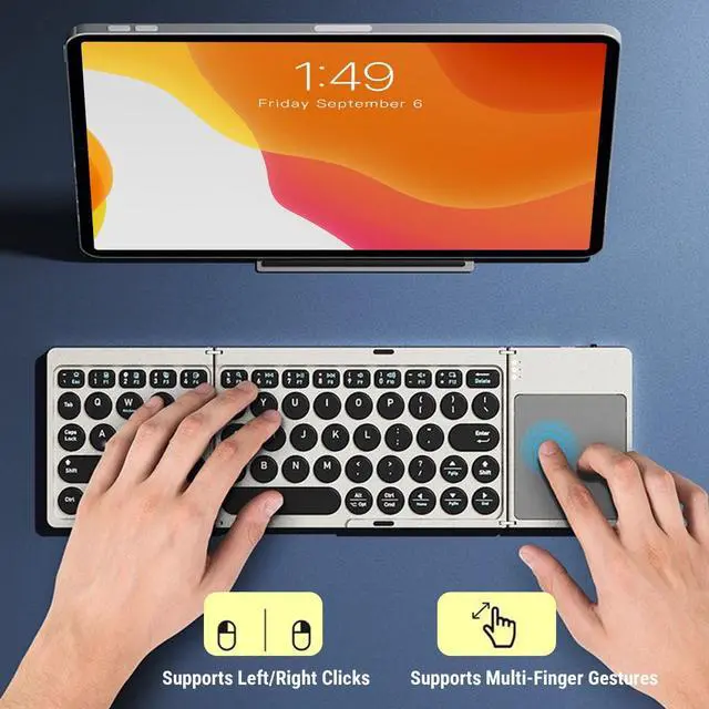 Alt view image 5 of 5 - Yunseity Foldable Keyboard, Portable Wireless Keyboard with High Sensitivity Touchpad and PU Leather Cover, for Tablet Laptop Smartphone Connect Up to 3 Devices