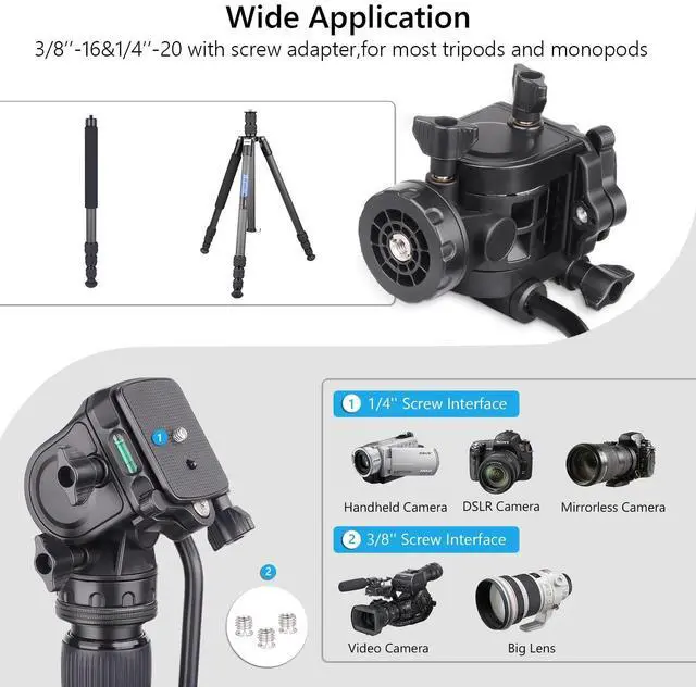 Alt view image 5 of 5 - Video Fluid Head Fluid Drag Pan Tilt Head with 1/4 Quick Release Plate Heavy Duty Video Camera Tripod Head for Canon Nikon Sony DSLR Cameras Camcorder Load up to 6.6 pounds/3 kilograms