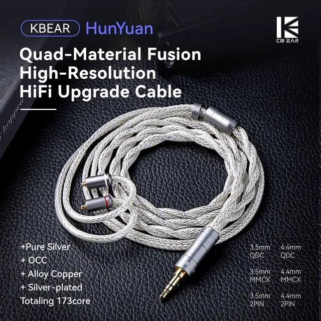 Alt view image 2 of 5 - Kinboofi KBEAR HunYuan Quad-Material Fusion IEM Cable, KZ ZS10 PRO Headphone Replacement Extension Cord,High-Resolution HiFi Upgrade in Ear Monitor Cable (3.5 C PIN, Silver, 1.2m)