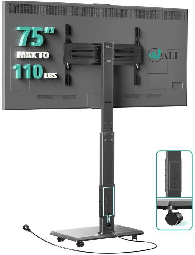 Main image of WALI Rolling TV Stand with Power Outlet, Mobile Tall TV Stand Mount on Wheels for 39-75 inch TV up to 110 lbs, Swivel Height Adjustable TV Cart with Wood Base for Bedroom(TVDVD-7PR), Black