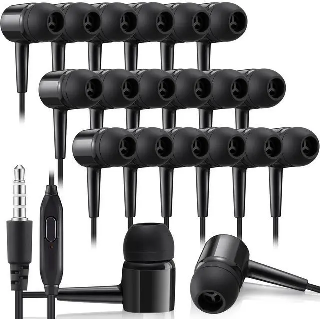 Main image of Xinnun 50 Pack Bulk Earbud Headphones with Mic Student in Ear Earbuds Classroom Wired Ear Buds with 3.5mm Headphone Plug for Adults School Library Museum Travel Plane Tablet(Classic,Black)