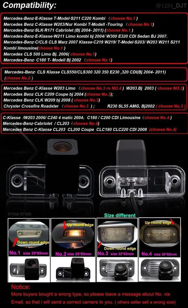 Alt view image 2 of 5 - HD 170 Reversing Vehicle Plate Light License Rear View Backup Camera Compatible with Mercedes-Benz C-Klasse W203/C240/C180/C200 CDI Limousine/Cabriolet/CL203/CL203 CL200 Coupe CLC180 CLC220 CDI