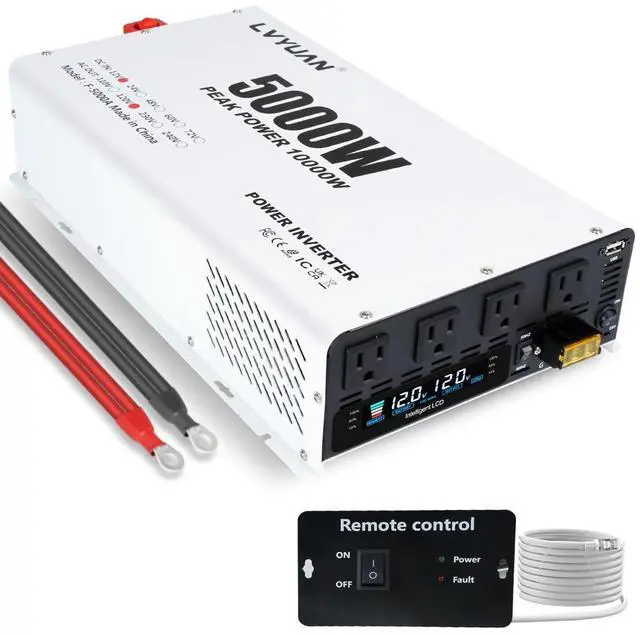 Main image of LVYUAN 5000 Watt Power Inverter 12V to 110V 120V DC to AC Converter with 4 AC Outlets, LCD Display, USB Charge Port, Remote Control for Home RV Vehicle Outdoor Camping Car Power Inverter