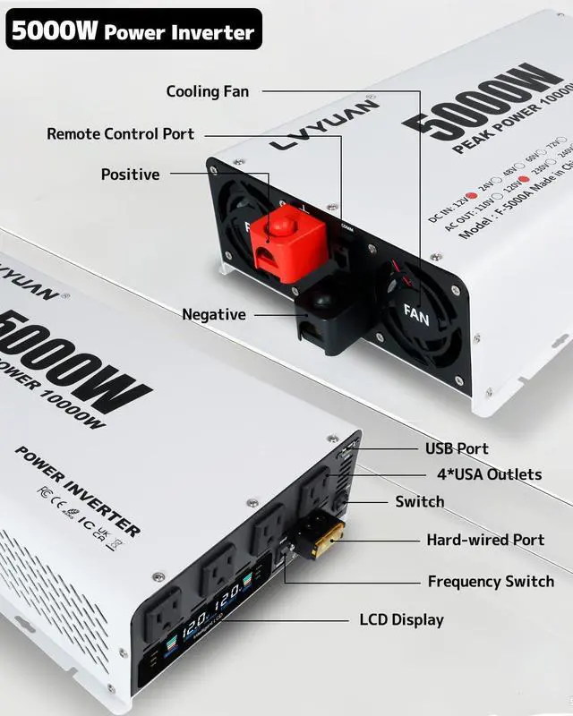 Alt view image 2 of 5 - LVYUAN 5000 Watt Power Inverter 12V to 110V 120V DC to AC Converter with 4 AC Outlets, LCD Display, USB Charge Port, Remote Control for Home RV Vehicle Outdoor Camping Car Power Inverter