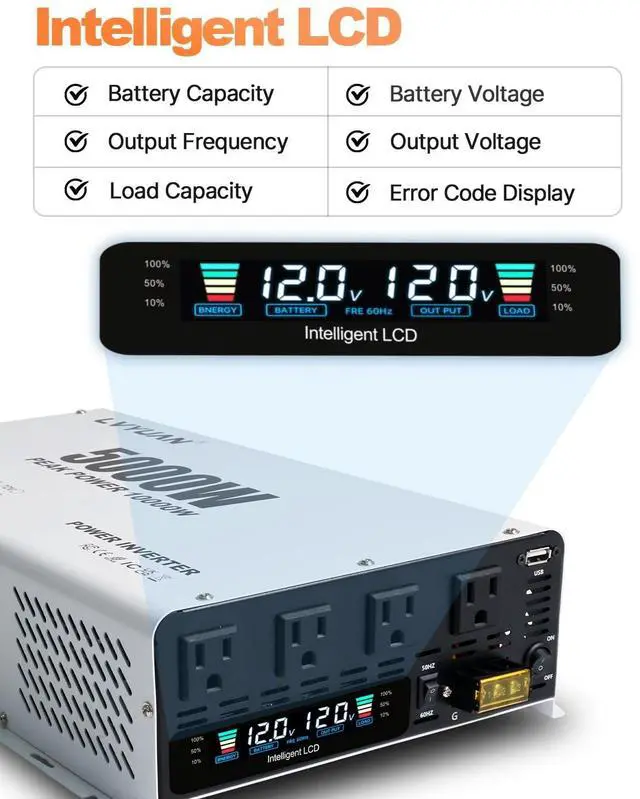Alt view image 3 of 5 - LVYUAN 5000 Watt Power Inverter 12V to 110V 120V DC to AC Converter with 4 AC Outlets, LCD Display, USB Charge Port, Remote Control for Home RV Vehicle Outdoor Camping Car Power Inverter