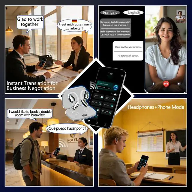 Alt view image 3 of 5 - 2026 AI Translator Headphones Bluetooth 6.0 Real-Time 165 Languages Ingles Espanol &mas Audifonos Traductores with 13 Offline 80H Battery IPX5 Waterproof Earbuds Travel Business Learning iOS & Android