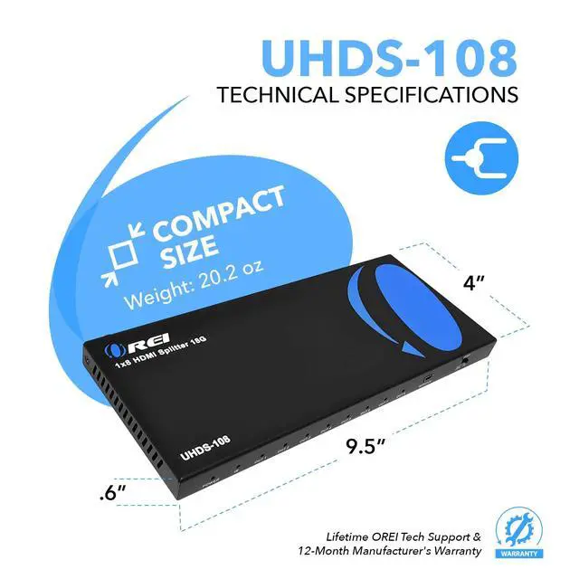 Alt view image 5 of 5 - OREI 4K 1 in 8 Out HDMI Splitter 4:4:4 8-bit - HDMI 2.0, HDCP 2.2, 18 Gbps, 4K @ 60Hz HDMI Duplicator/Distributor UltaHD High Resolution (UHDS-108) (1x8)