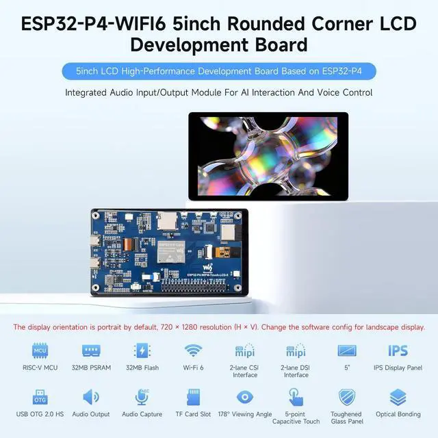 Alt view image 3 of 5 - Waveshare ESP32-P4-WIFI6 5inch Development Board, 720 1280 Resolution, 5-Point Touch, Onboard Audio codec chip, Supports Wi-Fi 6 and BLE 5