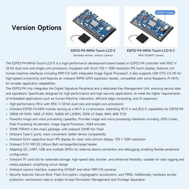 Alt view image 4 of 5 - Waveshare ESP32-P4-WIFI6 5inch Development Board, 720 1280 Resolution, 5-Point Touch, Onboard Audio codec chip, Supports Wi-Fi 6 and BLE 5