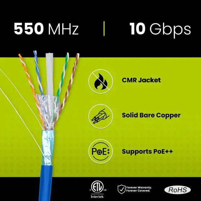 Alt view image 2 of 5 - TRUE CABLE Cat6 Shielded Riser (CMR) Bulk Ethernet Cable, 500ft, Blue, 23AWG Solid Bare Copper, 550MHz, Overall Aluminum Foil Shield (F/UTP), PoE++ 100W, ETL Listed