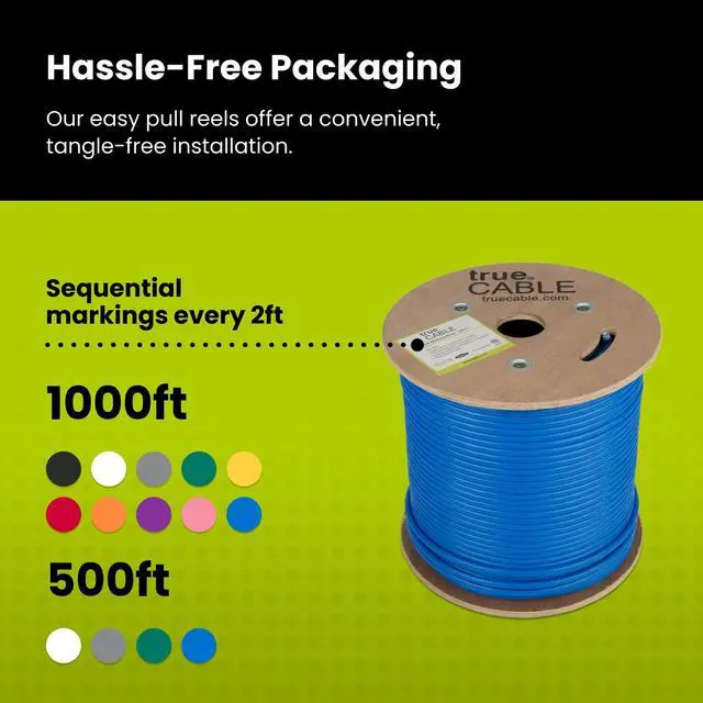 Alt view image 5 of 5 - TRUE CABLE Cat6 Shielded Riser (CMR) Bulk Ethernet Cable, 500ft, Blue, 23AWG Solid Bare Copper, 550MHz, Overall Aluminum Foil Shield (F/UTP), PoE++ 100W, ETL Listed