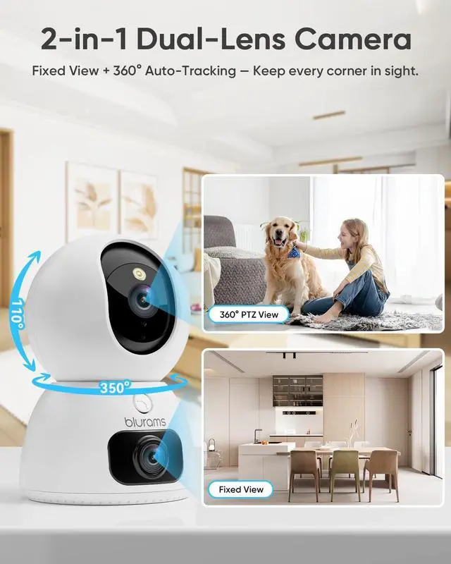 Alt view image 3 of 5 - blurams 2K Dual-Lens Indoor Camera, 360 PTZ Pet Camera with Phone App, Split-Screen View, Free Human/Sound Detection, Dual-Band WiFi 6, Compatible with Alexa