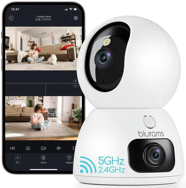Main image of blurams 2K Dual-Lens Indoor Camera, 360 PTZ Pet Camera with Phone App, Split-Screen View, Free Human/Sound Detection, Dual-Band WiFi 6, Compatible with Alexa