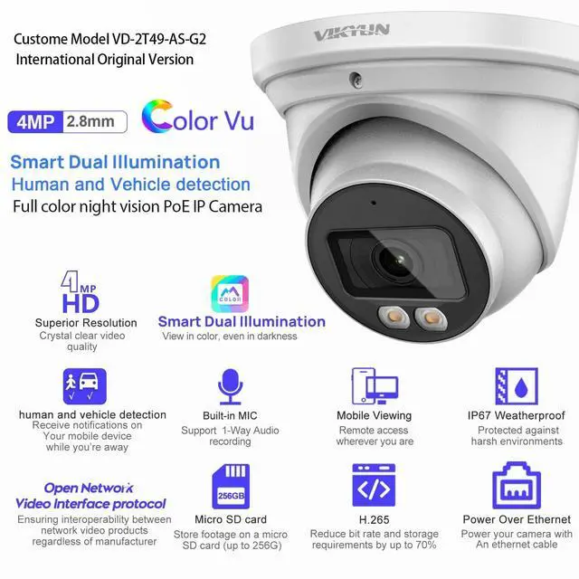 Alt view image 2 of 5 - VIKYLIN 4MP Full Color Night Vision Security IP POE Camera Outdoor with AI Human & Vehicle Detection,Active Deterrence, Built-in Microphone,SD Card Slot (256GB),IP67,2.8mm Lens 129 FOV, 4MP@30fps
