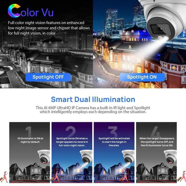 Alt view image 3 of 5 - VIKYLIN 4MP Full Color Night Vision Security IP POE Camera Outdoor with AI Human & Vehicle Detection,Active Deterrence, Built-in Microphone,SD Card Slot (256GB),IP67,2.8mm Lens 129 FOV, 4MP@30fps