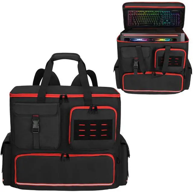 Main image of FURIMETY Computer Desktop Tower Backpack with Bottom Pad, PC Travel Bag Compatible with ATX/M-ATX Mainframe Chassis, Desktop Carrying Case for Keyboard, Cable, Mouse and Accessories, Black