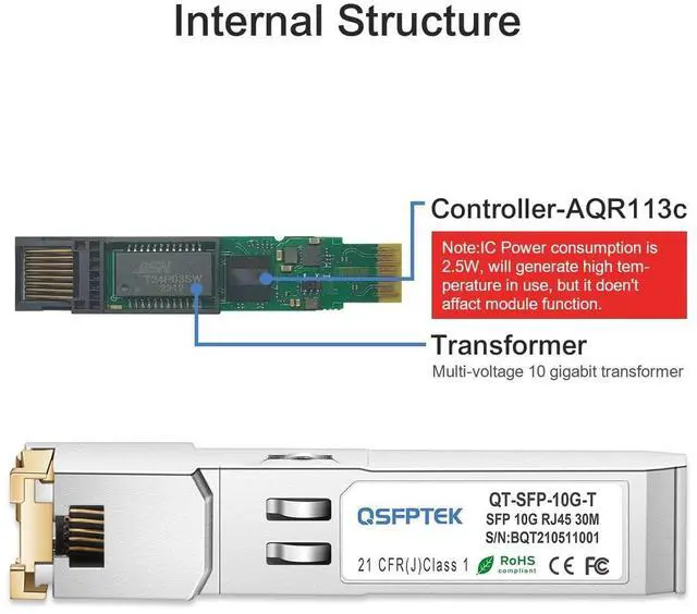 Alt view image 4 of 5 - QSFPTEK 10G SFP to RJ45 Module, 10GBASE-T Copper Transceiver, 10gbe Mini-GBIC Gigabit SFP+ Ethernet Port Module for Netgear AXM765, Netgear, Supermicro, Unifi, up to 30m