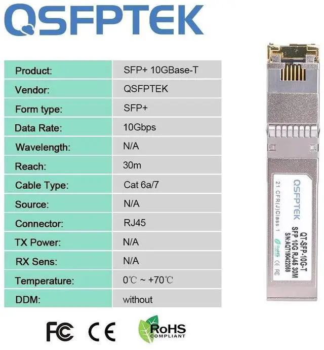 Alt view image 5 of 5 - QSFPTEK 10G SFP to RJ45 Module, 10GBASE-T Copper Transceiver, 10gbe Mini-GBIC Gigabit SFP+ Ethernet Port Module for Netgear AXM765, Netgear, Supermicro, Unifi, up to 30m