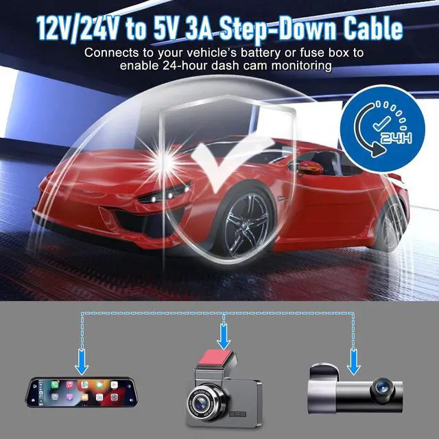 Alt view image 5 of 5 - WODHMIEY Dash Cam Hardwire Kit with 8 Fusess 12V 24V to 5V 3A Digital Display Dash Camera Power Cord for 24H Parking Monitoring,Car Camera Charger Power Cord,Low Voltage Protect (Type-C Elbow)