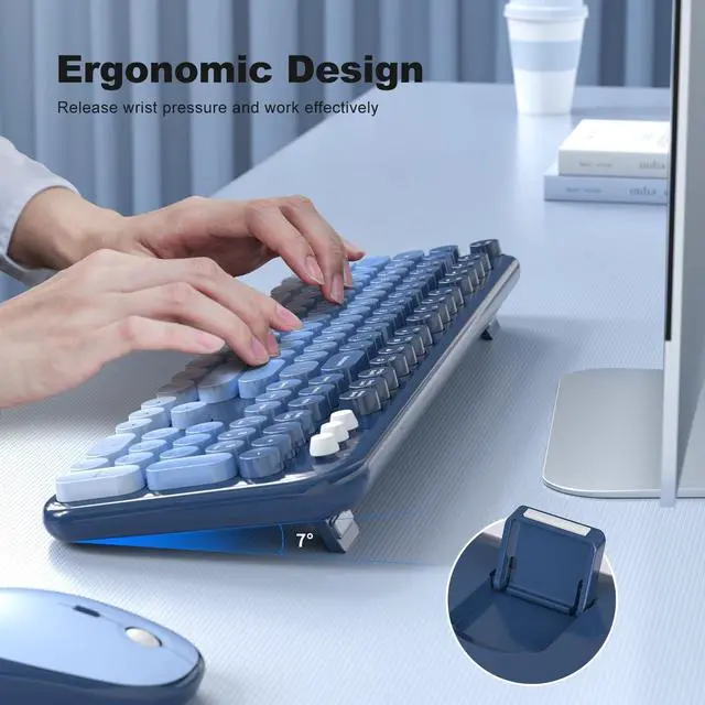 Alt view image 3 of 5 - Wireless Keyboard Mouse Combo - Lovely SkyBlue-Gradient Rainbow Full-Sized Typewriter Colorful Keyboards, Round Keycap Plug Play Retro Cute Keyboards for Windows, Laptop, PC, Desktop, Computer