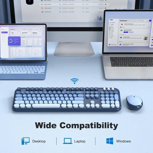 Alt view image 4 of 5 - Wireless Keyboard Mouse Combo - Lovely SkyBlue-Gradient Rainbow Full-Sized Typewriter Colorful Keyboards, Round Keycap Plug Play Retro Cute Keyboards for Windows, Laptop, PC, Desktop, Computer