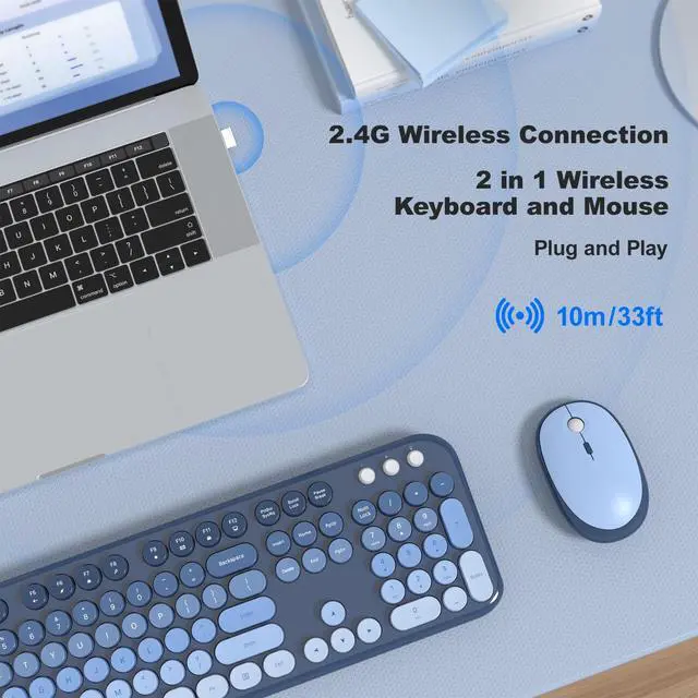 Alt view image 5 of 5 - Wireless Keyboard Mouse Combo - Lovely SkyBlue-Gradient Rainbow Full-Sized Typewriter Colorful Keyboards, Round Keycap Plug Play Retro Cute Keyboards for Windows, Laptop, PC, Desktop, Computer