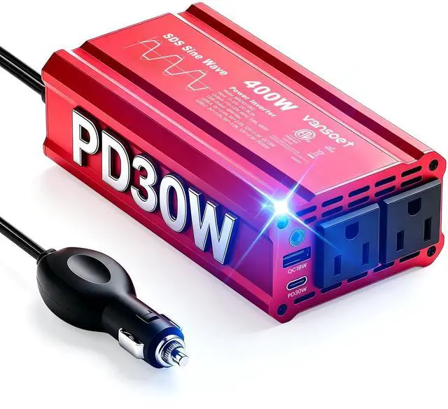 Main image of 2026 Upgraded 400W Peak Clipped Sine Wave Car Power Inverter DC 12V to AC(2 Outlets) 110V Car Charger Plug Adapter Power Converter with PD3.0 & QC18W Dual USB Charging Ports (Red-400)