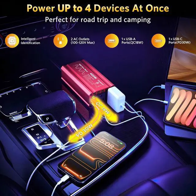 Alt view image 3 of 5 - 2026 Upgraded 400W Peak Clipped Sine Wave Car Power Inverter DC 12V to AC(2 Outlets) 110V Car Charger Plug Adapter Power Converter with PD3.0 & QC18W Dual USB Charging Ports (Red-400)