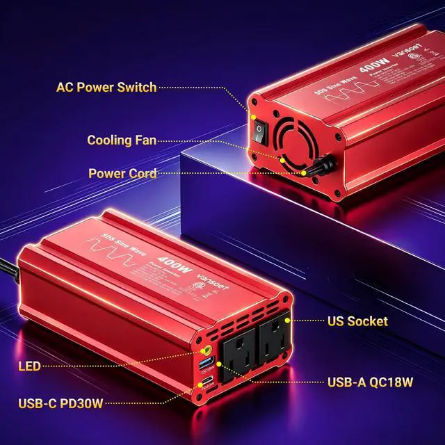 Alt view image 5 of 5 - 2026 Upgraded 400W Peak Clipped Sine Wave Car Power Inverter DC 12V to AC(2 Outlets) 110V Car Charger Plug Adapter Power Converter with PD3.0 & QC18W Dual USB Charging Ports (Red-400)