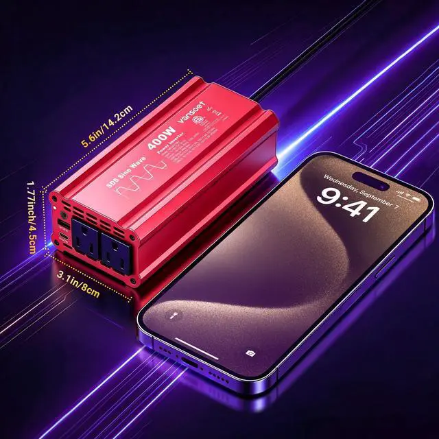Alt view image 4 of 5 - 2026 Upgraded 400W Peak Clipped Sine Wave Car Power Inverter DC 12V to AC(2 Outlets) 110V Car Charger Plug Adapter Power Converter with PD3.0 & QC18W Dual USB Charging Ports (Red-400)