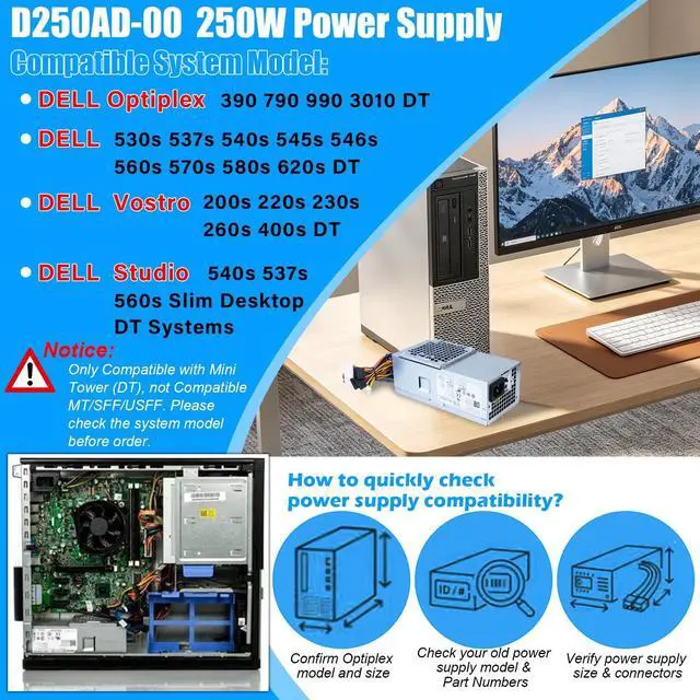 Alt view image 2 of 5 - D250AD-00 H250AD-00 250W Power Supply L250NS-00 F250AD-00 PSU Compatible with Dell Optiplex 390 3010 990 790 DT 530s 537s 540s 545s 546s 560s 570s 580s Vostro 200s 220s 230s 400s Studio 540s Slim D