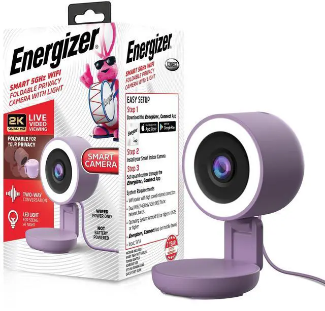Main image of Energizer Smart 2K Wired Indoor Camera with Light for Night Vision, 5GHz & 2.4GHz Wi-Fi, Foldable for Privacy, Remote Access, 130 Wide Angle, Recording, Instant Motion Alerts, Two-Way Audio (Purple)