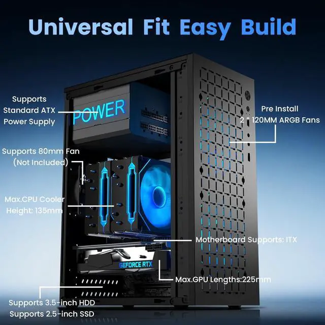 Alt view image 4 of 5 - UTLGAMENG Mini-ITX PC Case with 2x120mm ARGB Fans, High Airflow ITX Case, ATX PSU Support, USB 3.0 Port, Small Form Factor ITX Computer Case(Black with Fan)