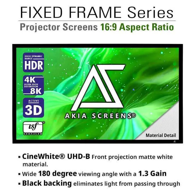 Alt view image 2 of 5 - Akia Screens Fixed Frame Projector Screen 121 Inch, 16:9, Wall Mount, CineWhite UHD-B, 4K 8K Ready Indoor Home Theater Screen, AK-FF121WH2