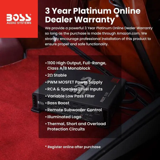 Alt view image 2 of 5 - BOSS Audio Systems R1100M Monoblock Car Amplifier - 1100 High Output, 2-8 Ohm Stable, Low/High Level Inputs, Low Pass Crossover, MOSFET Power Supply