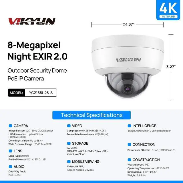 Alt view image 2 of 5 - VIKYLIN 4K 8MP PoE IP Dome Camera Outdoor/Indoor,4K PoE Vandal Dome Security Camera with Human Vehicle Detection,2.8mm Lens,98ft Night Vision,Built-in Mic,IK10/IP67,NDAA Compliant(Not PTZ),White